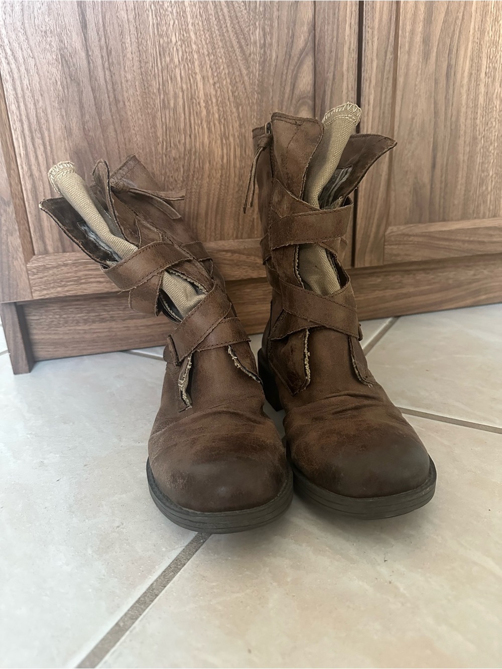 Buckle Brown Distressed Leather Combat Boots